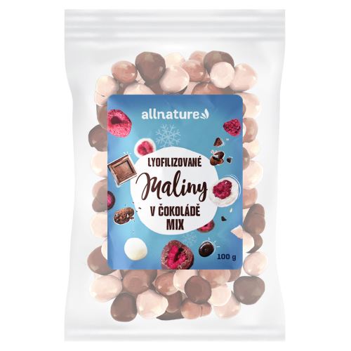 Allnature Mrazem sušené maliny Mix v mléčné, hořké a bílé čokoládě 100 g